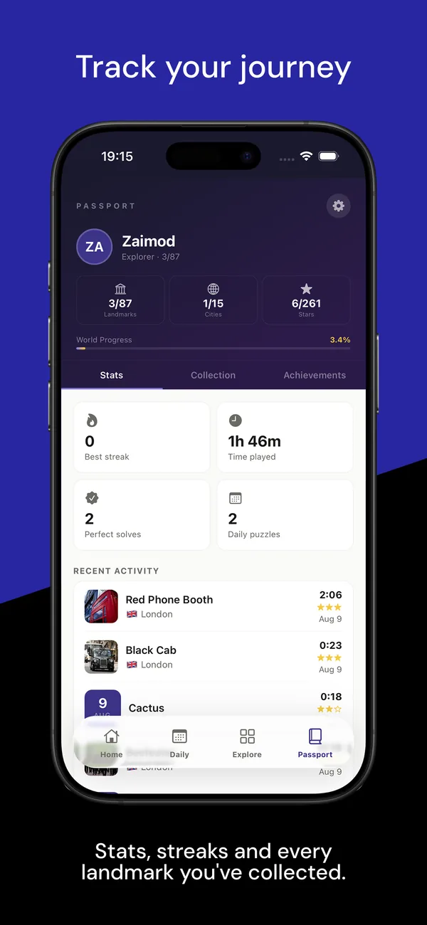 Track your journey — stats, streaks and every landmark you've collected